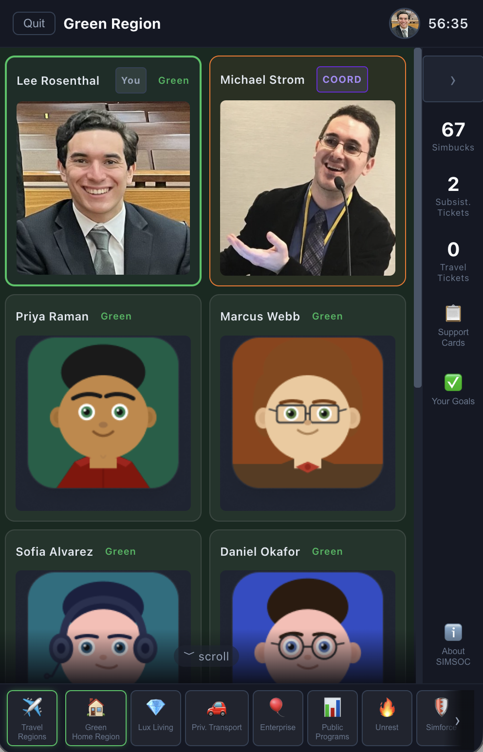 The SIMSOC player app, showing the Yellow Region view with a video call and resource counts